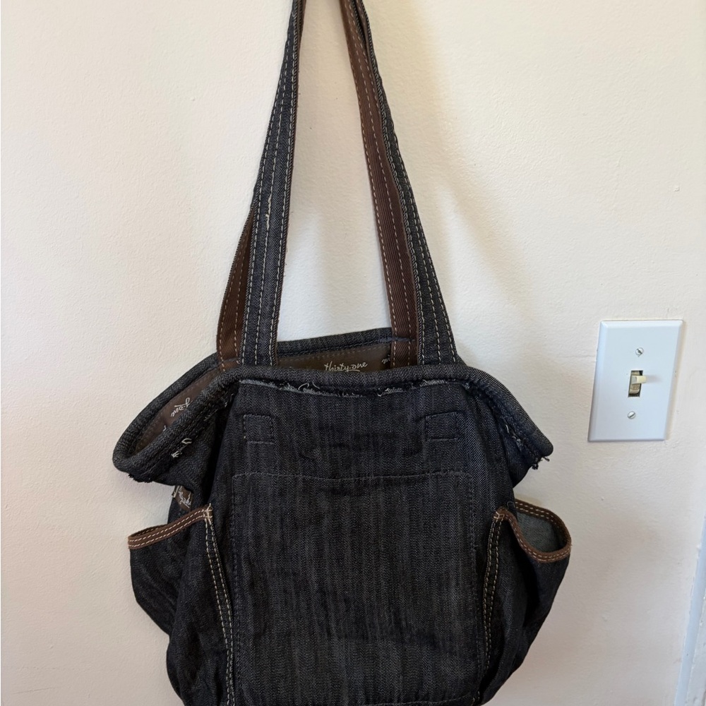 Thirty-one Retro bucket bag- Dark Denim Tote Bag with Brown Trim